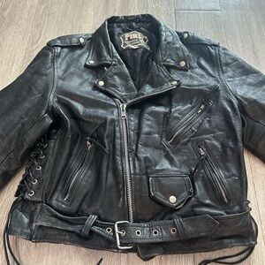 Vintage 90’s FIRST Black Genuine Leather Biker Jacket Men’s Sz 44
